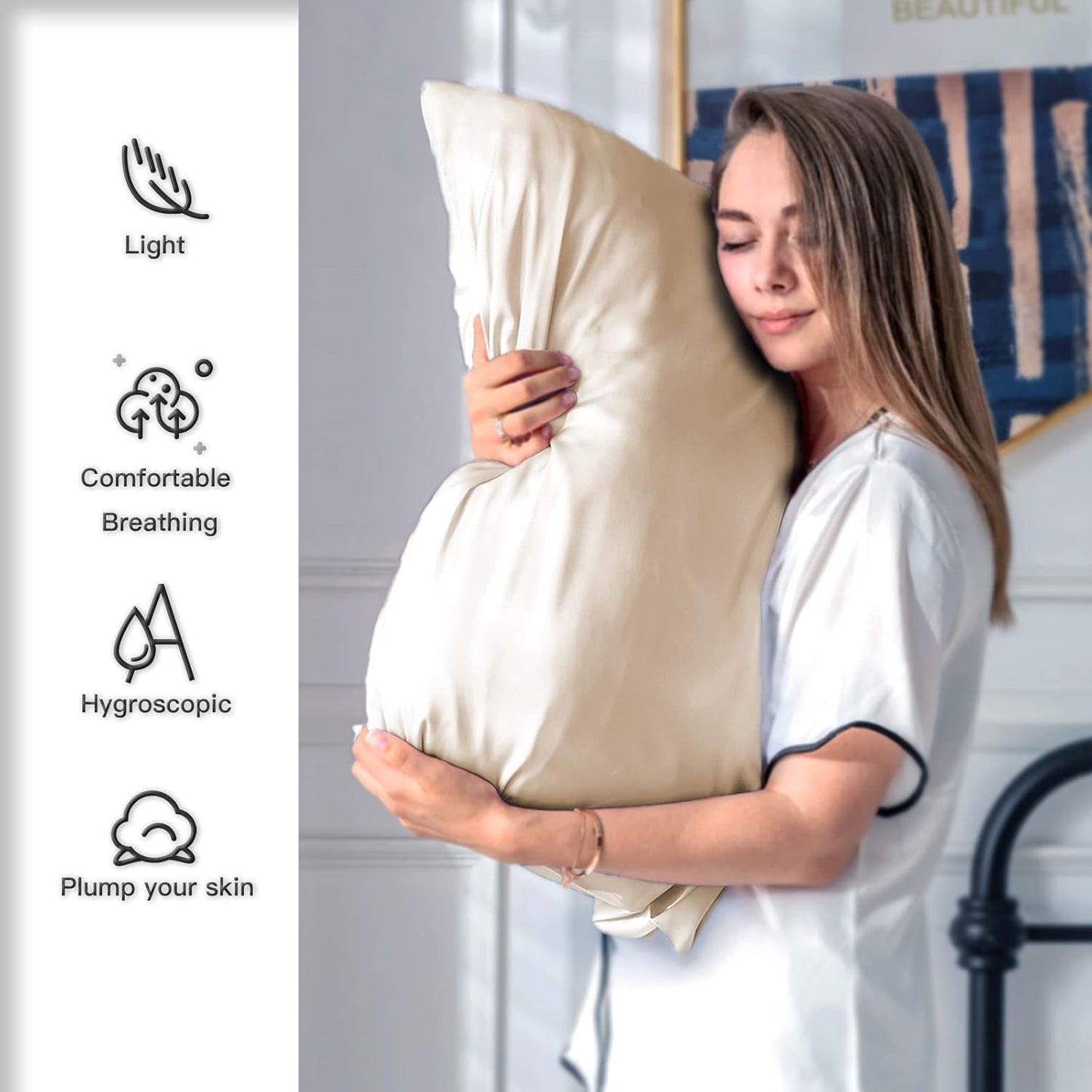 Mulberry Silk Pillowcase for Hair and Skin Standard Size 20"X 26" Pillow Case with Hidden Zipper Soft Breathable Smooth Cooling Silk Pillow Covers for Sleeping (Champagne,Standard,1Pcs)