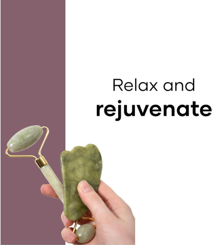 Facial Massager Jade Roller & Gua Sha Tool Natural Himalayan Stone for Face Neck Healing Skin Wrinkles & Serum Application (Jade Roller with Gua Sha)