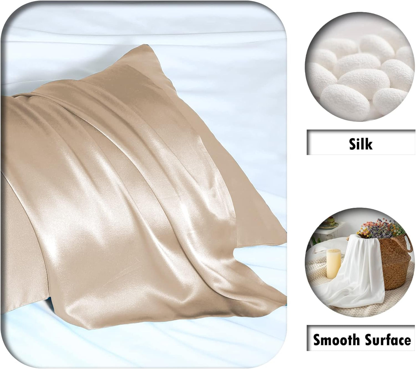 Mulberry Silk Pillowcase for Hair and Skin Standard Size 20"X 26" Pillow Case with Hidden Zipper Soft Breathable Smooth Cooling Silk Pillow Covers for Sleeping (Champagne,Standard,1Pcs)