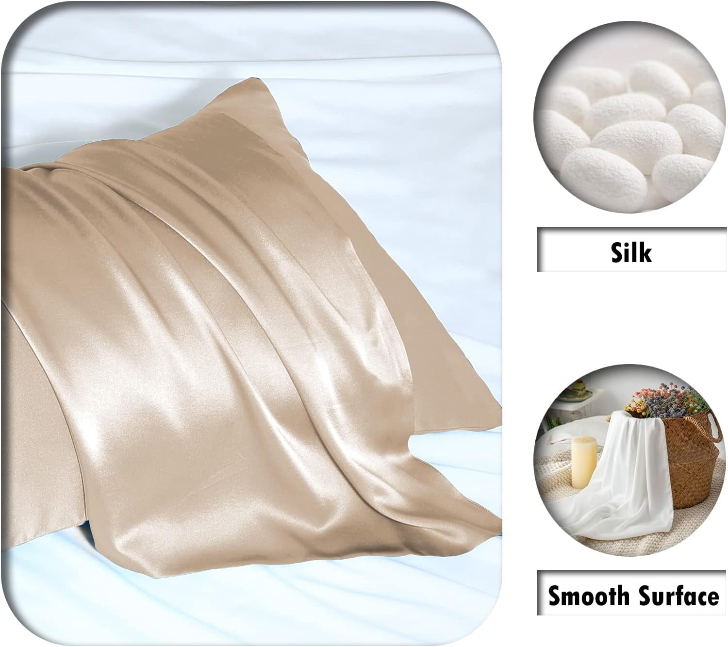 Mulberry Silk Pillowcase for Hair and Skin Standard Size 20"X 26" Pillow Case with Hidden Zipper Soft Breathable Smooth Cooling Silk Pillow Covers for Sleeping (Champagne,Standard,1Pcs)