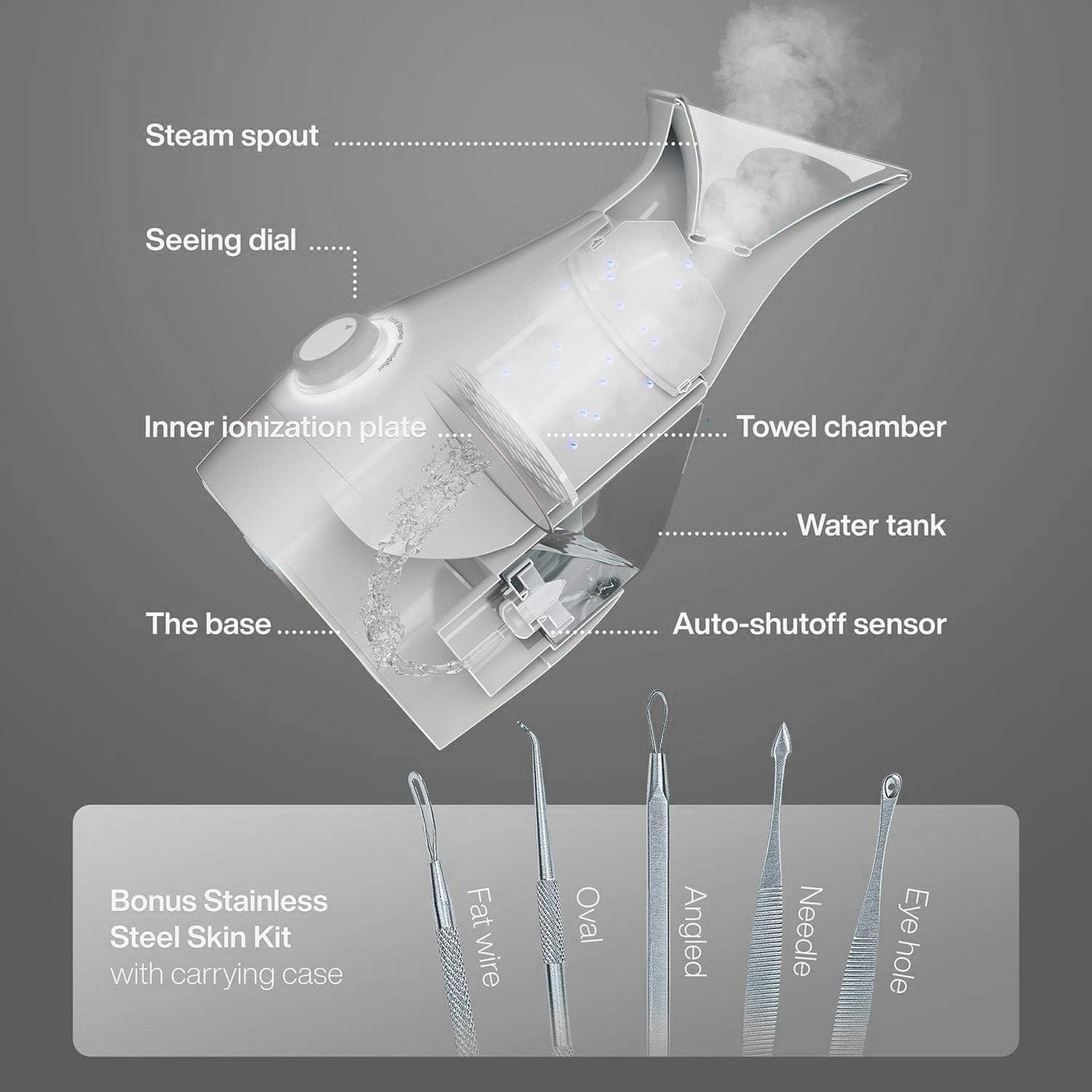 Nanosteamer Large 3-In-1 Nano Ionic Facial Steamer with Precise Temp Control - Humidifier - Unclogs Pores - Blackheads - Spa Quality - Bonus 5 Piece Stainless Steel Skin Kit (Silver)
