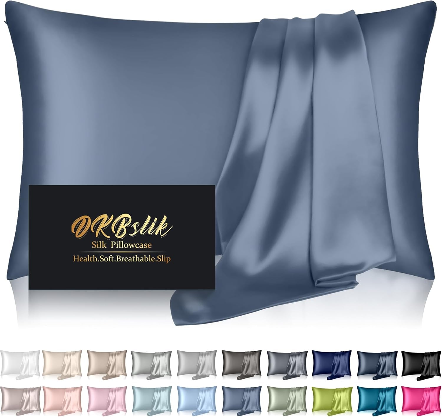 Silk Pillowcase for Hair and Skin, Mulberry Silk Pillow Cases Standard Size, anti Acne Cooling Sleep Both Sides Natural Silk Satin Pillow Covers with Hidden Zipper, Gifts for Women Men, Ash Blue