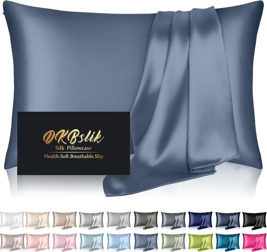 Silk Pillowcase for Hair and Skin, Mulberry Silk Pillow Cases Standard Size, anti Acne Cooling Sleep Both Sides Natural Silk Satin Pillow Covers with Hidden Zipper, Gifts for Women Men, Ash Blue