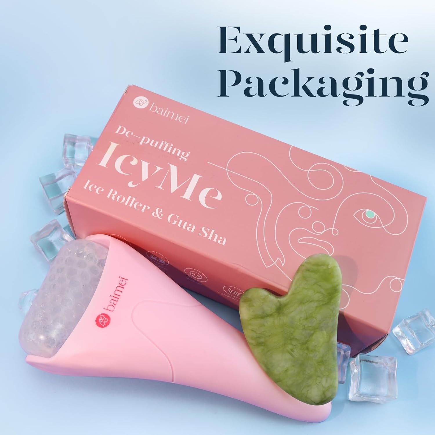 Icyme Ice Roller for Face and Gua Sha Facial Tool Set, Ice Face Roller Reduces Puffiness Relieves Migraines Skin Care Tools, Self Care for Women - Pink