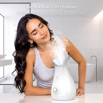 Nanosteamer Large 3-In-1 Nano Ionic Facial Steamer with Precise Temp Control - Humidifier - Unclogs Pores - Blackheads - Spa Quality - Bonus 5 Piece Stainless Steel Skin Kit (Silver)