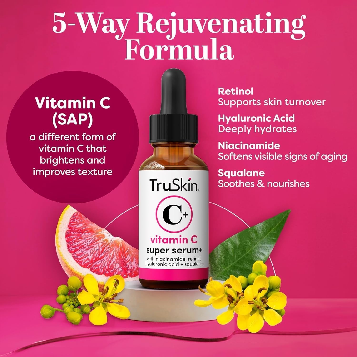 Vitamin C Super Serum for Face - Five Skin Benefits in One Serum with Vitamin C, Retinol, Niacinamide, Hyaluronic Acid & Squalane - Brighten, Firm & Smooth the Look of Skin - 1 Fl Oz
