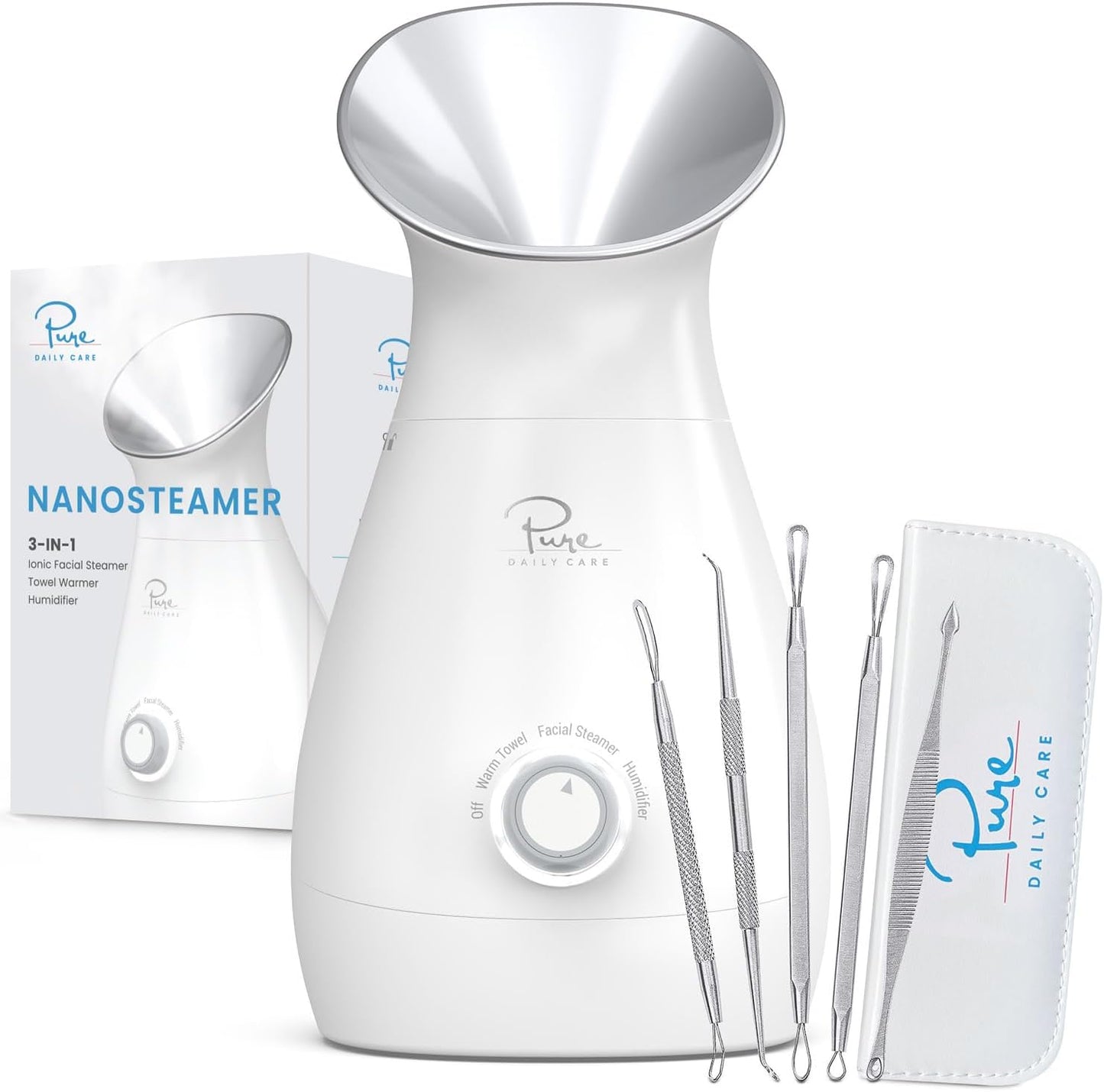 Nanosteamer Large 3-In-1 Nano Ionic Facial Steamer with Precise Temp Control - Humidifier - Unclogs Pores - Blackheads - Spa Quality - Bonus 5 Piece Stainless Steel Skin Kit (Silver)