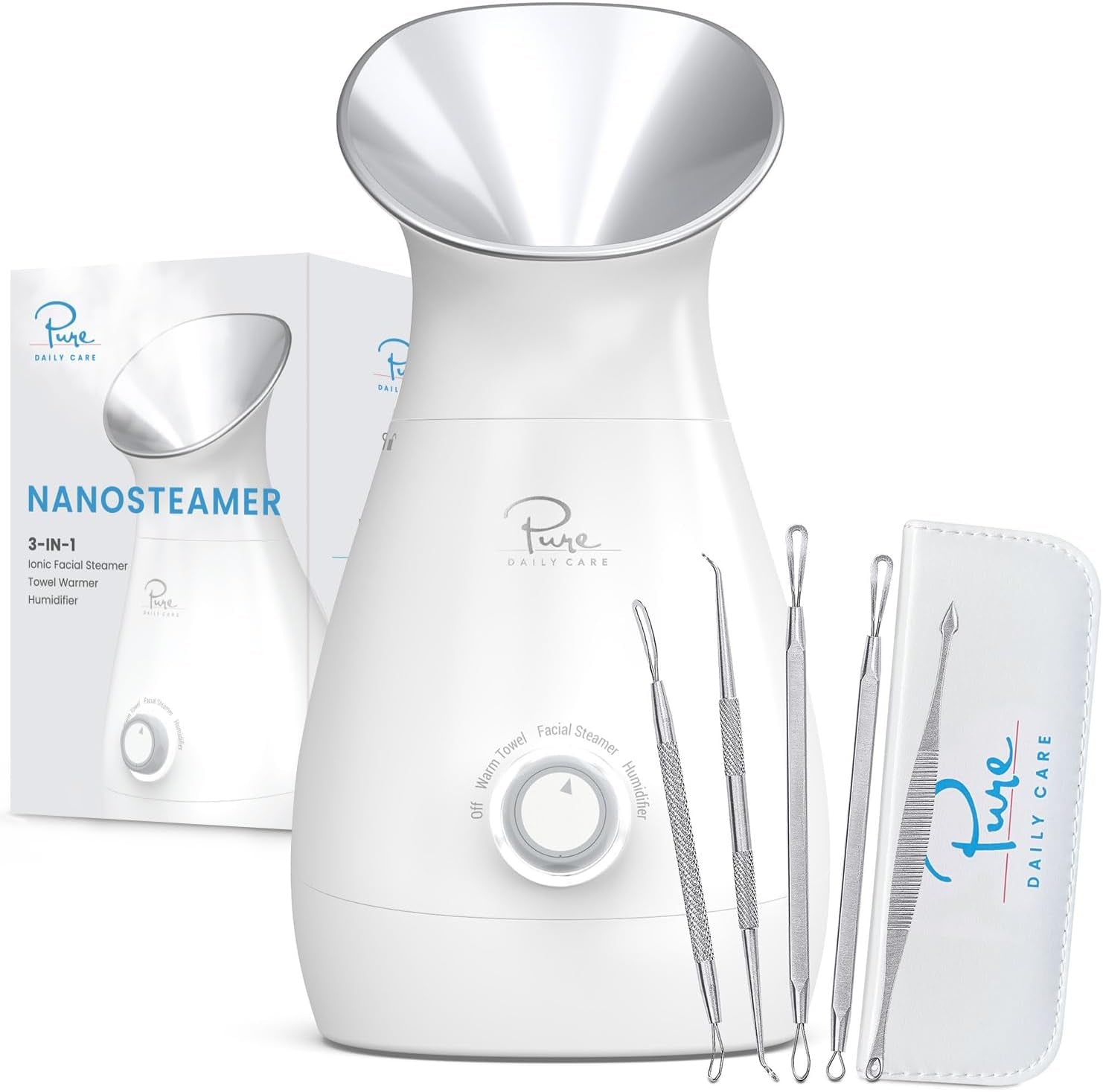 Nanosteamer Large 3-In-1 Nano Ionic Facial Steamer with Precise Temp Control - Humidifier - Unclogs Pores - Blackheads - Spa Quality - Bonus 5 Piece Stainless Steel Skin Kit (Silver)