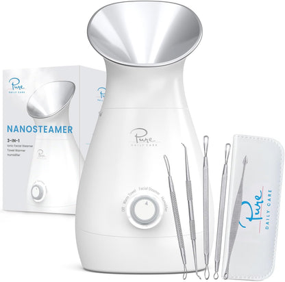 Nanosteamer Large 3-In-1 Nano Ionic Facial Steamer with Precise Temp Control - Humidifier - Unclogs Pores - Blackheads - Spa Quality - Bonus 5 Piece Stainless Steel Skin Kit (Silver)