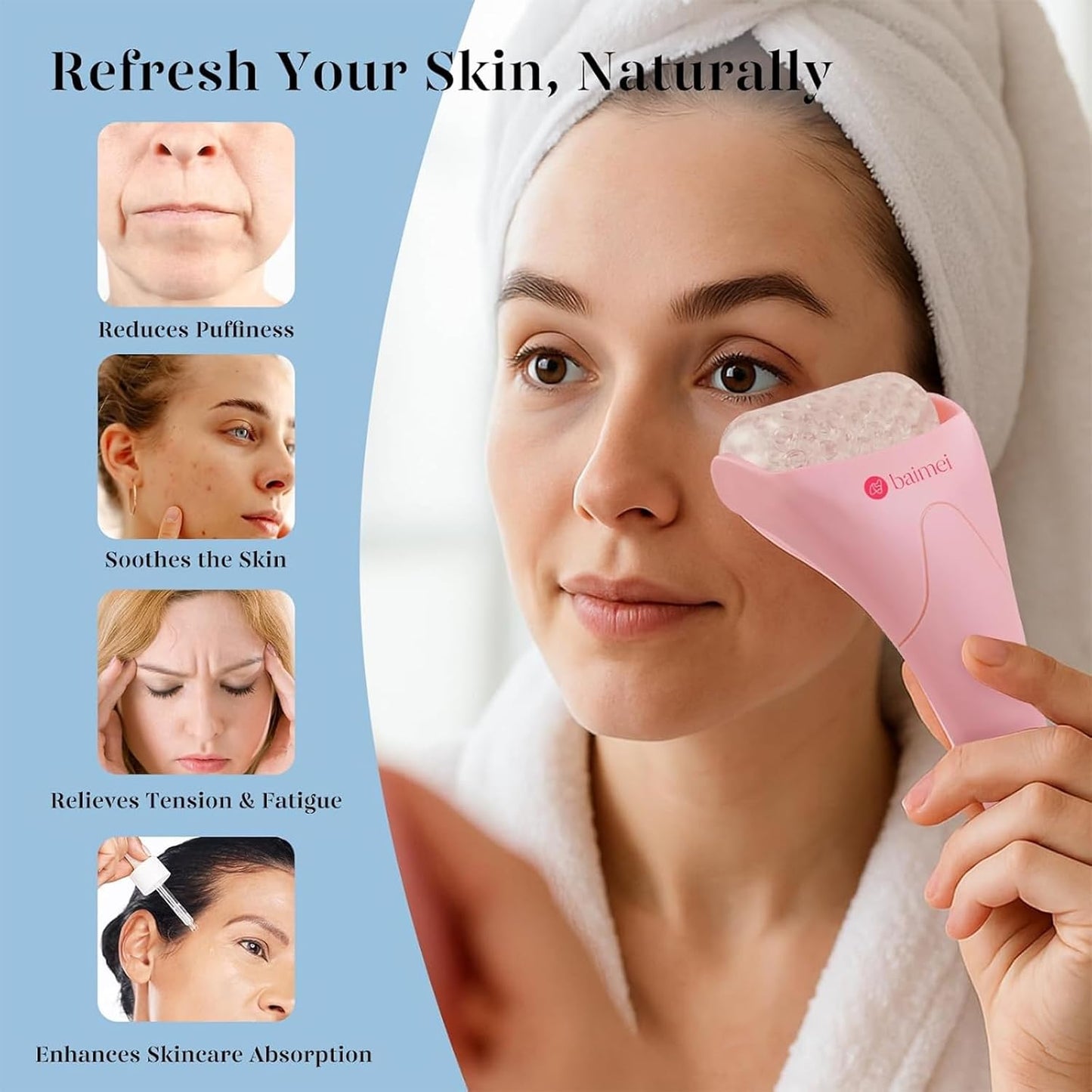 Icyme Ice Roller for Face and Gua Sha Facial Tool Set, Ice Face Roller Reduces Puffiness Relieves Migraines Skin Care Tools, Self Care for Women - Pink